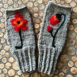One of a kind, handmade knitted mittens with felted design. 100% wool.